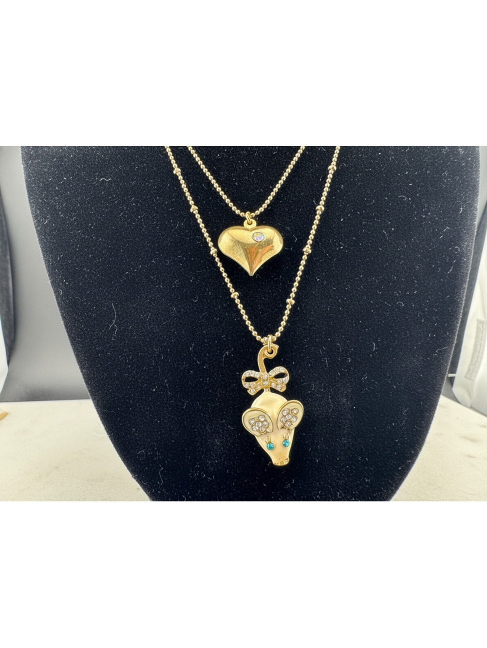 Betsey Johnson Gold Tone Double Layer Necklace Heart Mouse
